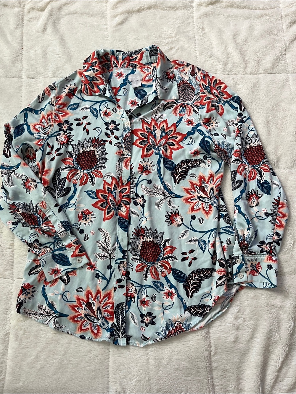 Chico's Light Blue Floral Button-Front Blouse with Red & Navy Accents